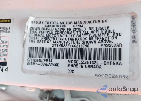 2004 Toyota Matrix Xr from USA, damaged, VIN 2T1KR32E14C210790